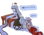  2girls ame_iru dress ex-keine fujiwara_no_mokou green_dress highres kamishirasawa_keine looking_at_another lying multiple_girls on_side overalls red_overalls resting scroll shirt speech_bubble table touhou translation_request white_background white_hair white_shirt 