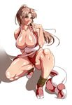  1girl bare_shoulders breasts brown_eyes brown_hair cleavage curvy fatal_fury female highleg highleg_panties huge_breasts king_of_fighters legs long_hair long_ponytail muscle no_bra panties ponytail red_panties saru_ass shiranui_mai simple_background smile solo spread_legs squatting underwear white_background 