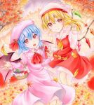  2girls ascot blonde_hair closed_mouth cowboy_shot crystal_wings dress flandre_scarlet frills ginkgo_leaf hat hat_ribbon leaf looking_at_viewer mob_cap multiple_girls open_mouth outdoors pink_dress red_ascot red_dress red_eyes red_ribbon remilia_scarlet ribbon side_ponytail smile touhou wassmint yellow_ascot 
