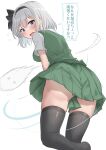  1girl absurdres black_bow black_hairband black_thighhighs blush bow bow_hairband collared_shirt commentary_request dot_nose flying_sweatdrops from_below ghost green_skirt green_vest grey_hair hair_between_eyes hair_intakes hairband highres konpaku_youmu konpaku_youmu_(ghost) leaning_forward looking_at_viewer looking_back motion_lines no_shoes open_mouth pleated_skirt shirt short_hair short_sleeves sidelocks simple_background skirt skirt_set speech_bubble standing standing_on_one_leg sweatdrop thighhighs touhou translation_request vest white_background white_shirt youmu-kun 