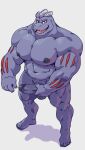anthro balls fangs generation_1_pokemon genitals grey_body grey_skin holding_penis looking_at_viewer looking_up machoke male muscular muscular_male nintendo nipples penis pokemon pokemon_(species) red_body red_eyes red_skin shadow simple_background smile solo standing taoren teeth