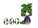  1other adagumo_no_saragimaru androgynous black_sleeves blue_shorts blush_stickers capelet chibi chibi_only egg green_skirt green_trim gzpxllztt hair_ornament len&#039;en long_sleeves medium_hair nervous_sweating no_mouth no_nose other_focus purple_capelet shorts simple_background skirt sleeves_past_fingers sleeves_past_wrists snake_hair_ornament snake_tail solo split_ponytail sweat tail white_background 