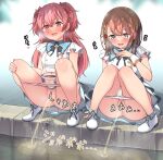  2girls :d ass belt black_eyes blush breasts brown_hair commission hair_ornament hanasato_minori hekomii long_hair momoi_airi multiple_girls navel open_mouth panties pee_stain peeing pink_eyes pink_hair pink_panties pixiv_commission project_sekai pussy skirt smile squatting stained_panties two_side_up underwear white_panties wrist_cuffs 