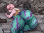anus_outline ashido_mina big_butt black_sclera blush bodily_fluids bodysuit breasts butt camel_toe clenched_teeth clothing eyelashes female green_bodysuit green_clothing green_skinsuit hair hi_res horn horned_humanoid huge_butt humanoid looking_at_viewer looking_back looking_back_at_viewer lying my_hero_academia on_front pattern_bodysuit pattern_clothing pink_body pink_hair quqii rear_view rubble short_hair skinsuit solo sweat sweatdrop teeth thick_thighs tight_clothing topwear wide_hips yellow_clothing yellow_eyes yellow_horn yellow_topwear