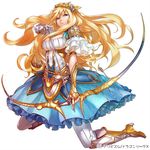  arrow blonde_hair boots bow_(weapon) copyright_name dragon_league_x drawing_bow dress full_body green_eyes hair_ornament holding holding_arrow holding_bow_(weapon) holding_weapon jewelry long_hair looking_at_viewer silver_(atelier-tengu) solo watermark weapon white_background 