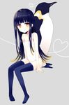  bad_id bad_pixiv_id bird black_hair brown_eyes heart light_smile long_hair nakayama_miyuki navy_blue_legwear original penguin solo strap_slip swimsuit thighhighs white_swimsuit 