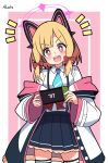  1girl :d absurdres animal_ear_headphones animal_ears artist_name black_skirt blonde_hair blue_archive blue_necktie blush bow cat_ear_headphones commentary_request fake_animal_ears hair_bow halo handheld_game_console headphones hendra highres holding holding_handheld_game_console jacket long_sleeves looking_at_viewer momoi_(blue_archive) necktie nintendo_switch open_mouth pink_background pink_eyes pink_halo pleated_skirt red_bow shirt short_hair skirt smile standing teeth thighhighs thighs upper_teeth_only white_jacket white_shirt zettai_ryouiki 