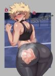  1girl anger_vein angry ass bakugou_katsuki bare_shoulders black_lips black_tank_top blonde_hair blush boku_no_hero_academia chumerri clenched_hand ear_piercing english_text from_behind genderswap genderswap_(mtf) looking_back makeup pants piercing red_eyes short_hair skin_tight slap_mark solo spiked_hair standing tank_top thick_thighs thighs torn_clothes torn_pants 