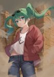  1girl :o absurdres aqua_eyes aqua_hair cardigan collarbone commentary denim earrings eyewear_on_head flat_chest floating_clothes floating_hair from_below grey_sky groin hair_between_eyes hands_in_pockets hatsune_miku head_tilt highres jeans jewelry long_hair looking_at_viewer necklace official_alternate_costume open_cardigan open_clothes pants print_shirt red_cardigan ryaru_ryaru sand shirt sky standing suna_no_wakusei_(vocaloid) sunglasses twintails vocaloid white_shirt 