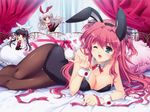  :o ;d absurdres animal_ears ankoromochi bare_shoulders bed black_hair black_legwear blown_kiss blush breasts bunny_ears bunny_girl bunny_pose bunny_tail bunnysuit chibi cleavage covered_navel curtains detached_collar detached_sleeves downblouse full-face_blush green_eyes grey_hair hanging_breasts heart highres ichijouji_yura katsuranomiya_saya large_breasts looking_at_viewer minigirl multiple_girls one_eye_closed open_mouth pantyhose pillow pink_hair profile shitsuji_ga_aruji_wo_erabu_toki smile tail twintails two_side_up veronica_ruppenstadt wrist_cuffs 