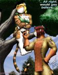 2010 aika_(razorfox) anthro bangs blonde_hair crossed_arms draconia_chronicles duo felid feline felis female hair in_tree male mammal outside pantherine plant ponytail razorfox short_hair signature sitting sitting_in_tree tail tiger tree