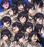  +_+ 1boy :d ^_^ bad_id bad_twitter_id biting_own_finger black_jacket black_scarf black_sleeves blood blood_on_face blue_background blush buttons chain checkered_clothes checkered_scarf clenched_hands clenched_teeth closed_eyes collared_jacket covering_own_mouth crying danganronpa_(series) danganronpa_v3:_killing_harmony double-breasted evil_grin evil_smile finger_to_mouth fingernails frown furrowed_brow grin hair_between_eyes high_collar highres injury jacket long_sleeves male_focus multicolored_buttons multiple_views oma_kokichi open_mouth parted_lips pink_blood purple_eyes purple_hair renshu_usodayo saliva scarf school_uniform shaded_face short_hair simple_background smile sparkling_eyes streaming_tears sweat tearing_up tears teeth tongue tongue_out two-tone_scarf upper_body upper_teeth_only v-shaped_eyebrows white_jacket white_scarf white_sleeves 