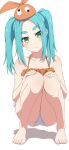  1girl absurdres alternate_costume aqua_hair ass camui1104 googly_eyes green_eyes highres looking_at_viewer monogatari_(series) ononoki_yotsugi shadow simple_background solo squatting swimsuit twintails white_background 
