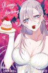  1girl blue_eyes breasts cake cleavage collarbone cream_on_body dated dress food food_in_mouth fruit gloves grey_hair hair_between_eyes happy_birthday haru_(fygzg63) head_wings heart highres horizontal_pupils indie_virtual_youtuber large_breasts long_hair mole mole_under_mouth pochimaru_(vtuber) solo strawberry teardrop_facial_mark virtual_youtuber white_dress white_gloves wings 