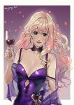  1girl artist_name blush border breasts collarbone cup dress drinking_glass hair_intakes highres holding holding_cup long_hair looking_at_viewer macross macross_frontier medium_breasts outside_border parted_lips petals purple_dress purple_eyes ryu_(masu_nantoka-san) sheryl_nome smile solo upper_body white_border wine_glass 