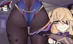  2girls ass ass_focus bridal_garter brown_pantyhose cameltoe clothes exhibitionism eyepatch fingernails fischl_(genshin_impact) gloves green_eyes hair_between_eyes highres kurodahlia18 leotard makeup mona_(genshin_impact) multiple_girls necktie pantyhose public_indecency thick_thighs thighs 