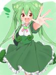  1girl animal_ears bow bowtie breasts frilled_skirt frills green_background green_skirt green_sleeves highres light_blush long_hair long_sleeves looking_at_viewer open_mouth orange_eyes outline outstretched_hand pleated_skirt puffy_long_sleeves puffy_sleeves reaching reaching_towards_viewer sechin shirt sidelocks signature skirt small_breasts smile solo teeth twintails upper_teeth_only voicevox white_outline white_shirt zundamon 