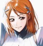  1girl bleach bleach:_sennen_kessen-hen brown_eyes close-up closed_mouth collared_shirt commentary_request eyebrows_hidden_by_hair eyelashes hair_behind_ear hair_ornament highres inoue_orihime korean_commentary lips long_hair looking_at_viewer n_(nauki_11) nose orange_hair parted_bangs shirt sidelighting simple_background smile solo star_(symbol) star_hair_ornament straight_hair tsurime white_background white_shirt 