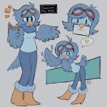 1:1 anthro avian beak biped bird blue_body blue_bottomwear blue_clothing blue_eyes blue_feathers blue_hair blue_pants blue_topwear book boots bottomwear clothed clothing digital_media_(artwork) eyewear feathers female footwear goggles hair hi_res letter looking_at_viewer martlet_(undertale_yellow) open_mouth open_smile pants simple_background smile solo standing tail text thick_thighs thin_calves thin_legs thin_thighs topwear undertale_(series) undertale_yellow wide_hips winged_arms wings yellow_beak ztermidsy