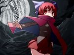  bow cape full_moon hair_bow hakika hand_on_hip moon red_eyes red_hair sekibanki skirt solo touhou 
