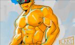abs alarb blush blush_lines eyewear goggles heart_symbol humanoid male muscular muscular_male nipples pecs simple_background tongue tongue_out yellow_body