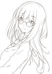  absurdres dutch_angle glasses highres lineart long_hair looking_at_viewer looking_back monochrome nana_mikoto necktie original parted_lips school_uniform solo transparent_background upper_body 