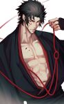  1boy abs absurdres black_hair black_kimono blood blood_on_face collarbone fate/grand_order fate_(series) haruakira highres hijikata_toshizou_(fate) holding japanese_clothes katana kimono male_focus muscular muscular_male navel o-ring open_clothes open_kimono pectorals red_trim short_hair solo sword weapon 