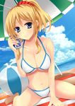  ayase_eli bad_id bad_pixiv_id ball beach beachball bikini blonde_hair blue_eyes breasts can can_to_cheek cleavage day drink large_breasts long_hair love_live! love_live!_school_idol_project pocari_sweat ponytail smile soda_can solo string_bikini swimsuit umbrella x3_(jyouti) 