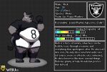 american_football anthro belly big_belly bottomwear bulge character_name clothed clothing digital_media_(artwork) english_text eye_patch eyewear hair hand_on_hip horn las_vegas_raiders logo male mammal model_sheet moobs muscular muscular_male nfl number_on_clothing number_on_topwear overweight pixel_(artwork) rhinoceros rick_(wbu) simple_background solo sport tail text thick_thighs topwear wbu