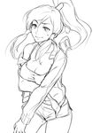  alternate_costume avatar_(series) breast_hold breasts casual cleavage contemporary greyscale hair_tubes jacket korra large_breasts lineart long_hair midriff monochrome naso4 no_bra off_shoulder open_clothes open_jacket ponytail shirt short_shorts shorts smile solo strap_gap sweatdrop tank_top taut_clothes taut_shirt the_legend_of_korra topknot 