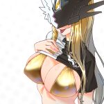  1girl asymmetrical_mask bikini black_shirt blonde_hair braid breasts cleavage closed_mouth clothes_lift commentary_request covered_eyes covered_nipples digimon digimon_(creature) gerusyu gold_bikini helmet helmet_over_eyes highres large_breasts lifted_by_self long_hair mask mastemon paid_reward_available ponytail shirt shirt_lift short_sleeves side_braid sidelocks simple_background solo split-color_clothes standing swimsuit t-shirt tongue tongue_out two-tone_shirt upper_body white_background white_shirt winged_helmet 