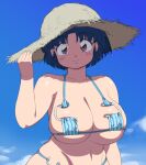  1girl bikini blue_hair blue_sky blush cloud cloudy_sky hat highres mage_(harumagedon) micro_bikini plump ranma_1/2 short_hair sky smile solo swimsuit tendou_akane 