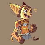 2024 advos anthro belt brown_clothing brown_gloves brown_handwear brown_stripes clothing emanata eyebrows fur gloves green_eyes handwear lombax male mammal open_mouth ratchet_(ratchet_and_clank) ratchet_and_clank solo sony_corporation sony_interactive_entertainment striped_body striped_fur stripes teeth tongue yellow_body yellow_fur