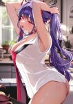  1girl :p akuma_nihmune armpits arms_up ass bare_arms bare_shoulders blurry blurry_background bottomless choker commentary cowboy_shot facial_mark fangs heart highres indie_virtual_youtuber indoors mole mole_under_eye pink_eyes ponytail purple_hair red_choker shirt solo squchan standing thighs tongue tongue_out white_shirt 
