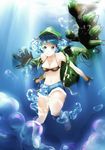  air_bubble backpack bad_id bad_pixiv_id bag bikini bikini_top black_bikini blue_eyes blue_hair boots breasts breath bubble fingerless_gloves freediving gloves grin hair_bobbles hair_ornament hat highres kawashiro_nitori looking_at_viewer mechanical_arms medium_breasts navel okakingyo short_hair shorts smile solo swimming swimsuit thighhighs touhou two_side_up underwater white_legwear 