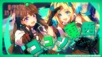  2girls :d arm_up black_gloves blonde_hair blue_eyes blue_hair blue_ribbon blurry blurry_background blush border brown_hair brown_jacket copyright_name copyright_notice detached_sleeves fang film_grain fujishima_megumi gloves gradient_hair green_border grey_ribbon hair_ribbon high_collar highres index_finger_raised jacket kodamazon kokon_tozai_(love_live!) light_blue_hair link!_like!_love_live! long_hair looking_at_viewer love_live! mira-cra_park! multicolored_hair multiple_girls official_art open_mouth osawa_rurino parted_bangs pointing pointing_at_viewer purple_eyes ribbon shirt short_sleeves smile song_name twintails two_side_up video_thumbnail virtual_youtuber white_shirt 