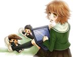  :&gt; :&lt; black_legwear blush brown_eyes brown_hair character_doll computer crossdressing danganronpa danganronpa_1 fujisaki_chihiro ishimaru_kiyotaka kneehighs laptop looking_back male_focus oowada_mondo otoko_no_ko school_uniform shii619 short_hair sitting skirt solo yellow_eyes 