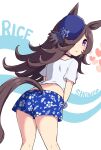  1girl animal_ears blue_choker blue_scrunchie blue_shorts blush brown_hair character_name choker commentary_request cowboy_shot from_behind gaze_on_me!_outfit_(umamusume) hair_over_one_eye hat heart highres horse_ears horse_girl horse_tail long_hair looking_at_viewer looking_back midriff open_mouth purple_eyes purple_hat rice_shower_(umamusume) scrunchie shirt short_sleeves shorts simoyuki simple_background solo tail tail_through_clothes tied_shirt umamusume white_background white_shirt wrist_scrunchie 