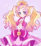  1girl arms_behind_head blonde_hair bow closed_mouth collarbone cure_flora dot_nose earrings flower flower_brooch flower_earrings flower_necklace go!_princess_precure green_eyes hair_ornament happy_birthday haruno_haruka jewelry long_hair magical_girl multicolored_hair namo_(namo_suuun) pink_background pink_bow pink_hair pink_skirt pink_theme precure puffy_sleeves signature simple_background skirt smile solo streaked_hair thick_eyebrows two-tone_hair waist_bow waist_brooch 