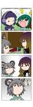  &gt;_&lt; 4koma ^_^ absurdres animal_ears bishamonten's_pagoda blue_hair brown_hair capelet chibi closed_eyes comic crying earplugs flying_sweatdrops fourth_wall futon gradient_hair green_hair grey_hair headphones highres hijiri_byakuren hood kasodani_kyouko kumoi_ichirin mouse_ears multicolored_hair multiple_girls nazrin o_o purple_hair rakugaki-biyori screaming silent_comic solid_circle_eyes streaming_tears sweatdrop tears touhou 