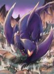  arm_blade black_sclera blue_skin colored_sclera colored_skin debris dragon fins fuju1012 full_body garchomp highres looking_at_viewer mountain pokemon pokemon_(creature) shattered solo twitter_username weapon yellow_eyes 