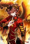 benmao brown_hair chain demon demon_boy feathers fire horns light_smile male_focus multicolored multicolored_eyes original pointy_ears solo wings 