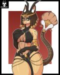 absurd_res anthro big_breasts blue_eyes breasts brown_body brown_fur canid canine clothed clothing female fur gloves_(marking) hair hi_res mammal markings rondonite simple_background solo tail tan_body tan_fur