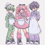  1girl 2boys apron full_body glasses green_eyes green_hair grey_footwear hat hei_wa20 highres jacket long_sleeves love_cute maid_apron mashle milo_genius multiple_boys pink_eyes pink_hair purple_eyes purple_hair round_eyewear shoes short_hair smile socks twintails v wirth_madl witch_hat 