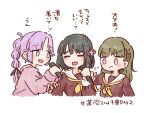  3girls :d =_= anyoji_hime black_hair black_ribbon blonde_hair blue_eyes blunt_bangs blunt_ends braid brown_dress brown_hair commentary commentary_request cropped_torso dress flower flower_knot frown gradient_hair hair_flower hair_ornament hair_ribbon hashtag hasu_no_sora_school_uniform highres holding holding_microphone jacket kachimachi_kosuzu link!_like!_love_live! long_hair looking_at_another love_live! mashikaku_(ma4kaku10fu) microphone momose_ginko multi-tied_hair multicolored_hair multiple_girls neckerchief pink_eyes pink_hair pink_jacket ponytail puff_of_air raised_eyebrows ribbon sailor_collar sailor_dress school_uniform short_hair side_braids sidelocks simple_background single_tear smile straight_hair swept_bangs translation_request v-shaped_eyebrows virtual_youtuber wavy_mouth white_background white_sailor_collar winter_uniform yellow_neckerchief 