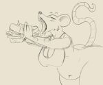2023 anthro breasts clothed clothing female food hi_res mammal murid murine open_mouth partially_clothed pillowtummy rat rodent sandwich_(food) sketch solo thick_thighs