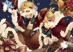  1girl blonde_hair blue_eyes bow breath brother_and_sister christmas domco gloves hair_ornament hairclip hat hat_removed headwear_removed kagamine_len kagamine_rin one_eye_closed open_mouth ribbon short_hair siblings smile twins vocaloid 