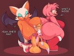 amy_rose anthro balls bat behniis big_balls big_breasts big_butt big_penis boots bottomless breasts butt canid canine clothed clothing english_text erection eulipotyphlan female footwear fox genitals green_eyes group half-closed_eyes hedgehog hi_res huge_balls huge_breasts huge_butt huge_penis larger_female looking_back male male/female mammal miles_prower multicolored_body narrowed_eyes nude open_mouth orange_body pasties penis pink_body rouge_the_bat sega shirt size_difference smaller_male sonic_the_hedgehog_(series) spandex text tight_clothing topwear trio two_tone_body wings