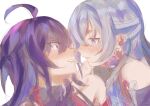  2girls ahoge bare_shoulders blush bronya_rand commentary_request earrings elan_ouo eye_contact grey_eyes grey_hair highres honkai:_star_rail honkai_(series) jewelry long_hair looking_at_another multiple_girls parted_lips purple_eyes purple_hair seele_(honkai:_star_rail) simple_background sweatdrop upper_body white_background yuri 