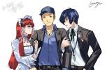  1girl 2boys amada_ken anarogiizu aragaki_shinjirou arm_hug baseball_cap black_jacket blue_hair blue_hat blue_shirt breasts collared_shirt dog dress eyelashes facial_hair gekkoukan_high_school_uniform hair_over_one_eye hat highres iori_junpei jacket jewelry koromaru_(persona) lightning_glare lolita_fashion long_hair love_triangle multiple_boys necklace parted_lips persona persona_3 red_hair sanada_akihiko school_uniform shirt simple_background stubble twitter_username white_background white_dress white_shirt yoshino_chidori yuuki_makoto_(persona_3) 